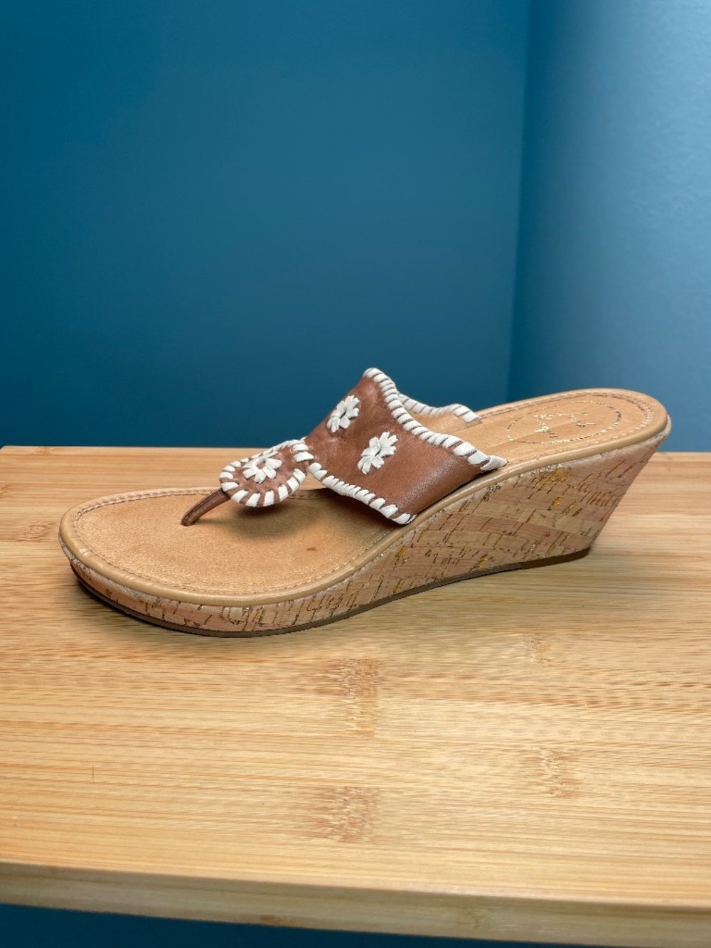 Jack Rogers Wedge Platform Sandals Flip Flops Shoes Brown White Sz 9.5M Nice!